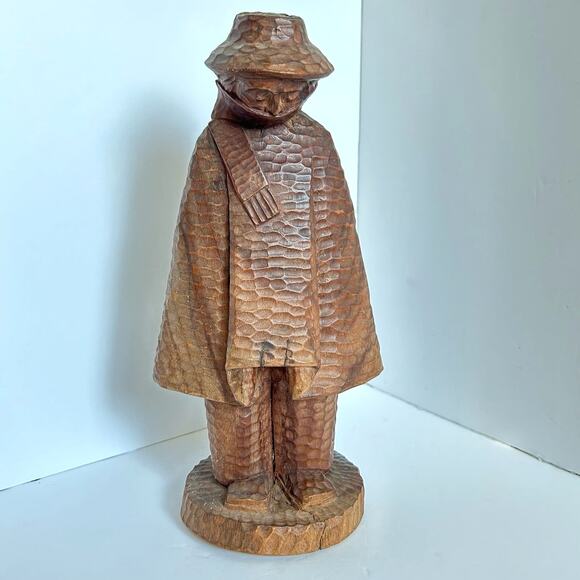 n/a Other - Primitive Wood Carving Man in Poncho Hat Scarf Vintage Unique 11.5"